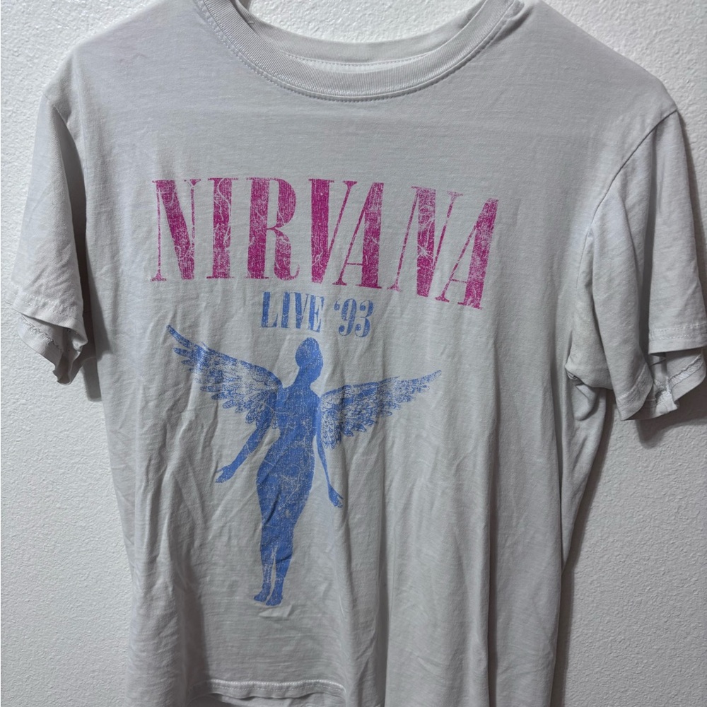 NIRVANA Gray Tee with Pink and Blue Print